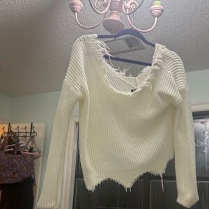 Women's White Distressed Sweater